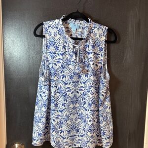 CeCe Blue and White Patterned Blouse